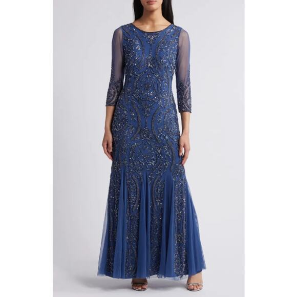 PISARRO NIGHTS Sequin Beaded Illusion Gown Size 2 Navy Blue Maxi Dress NWT - Picture 1 of 11